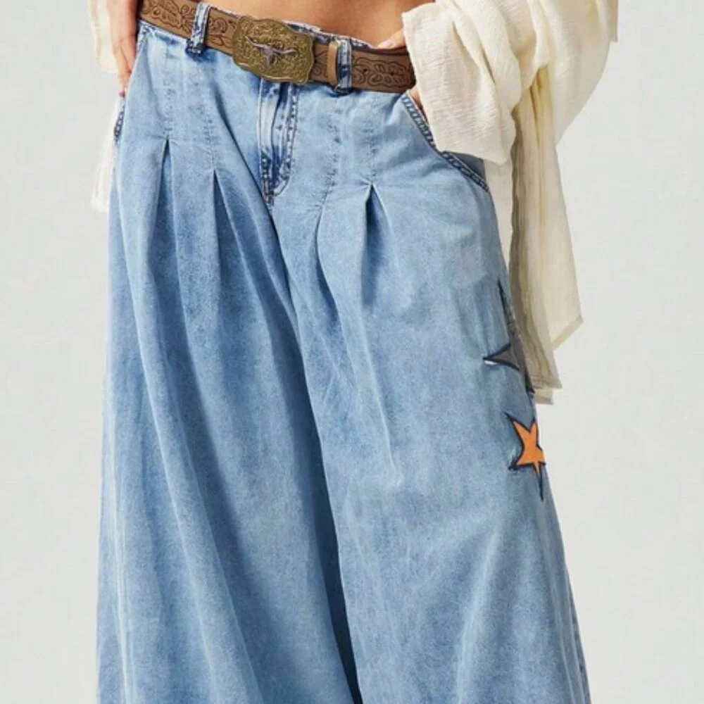 Super Wide Leg Star Patch BOHO Jeans  Size 8 - Picture 6 of 6